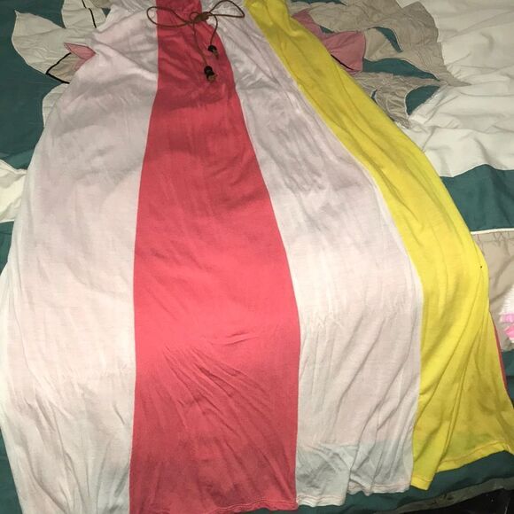 3/$15 Summer casual long maxi dress strapless pink white yellow boho beach - Picture 7 of 11